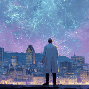 Yoshua Bengio à Montréal entouré d'une interface holographique représentant les garde-fous de l'IA