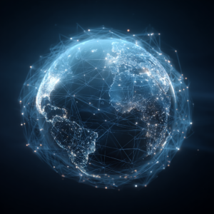 Globe terrestre avec des connexions réseau symbolisant la gouvernance internationale de l'IA
